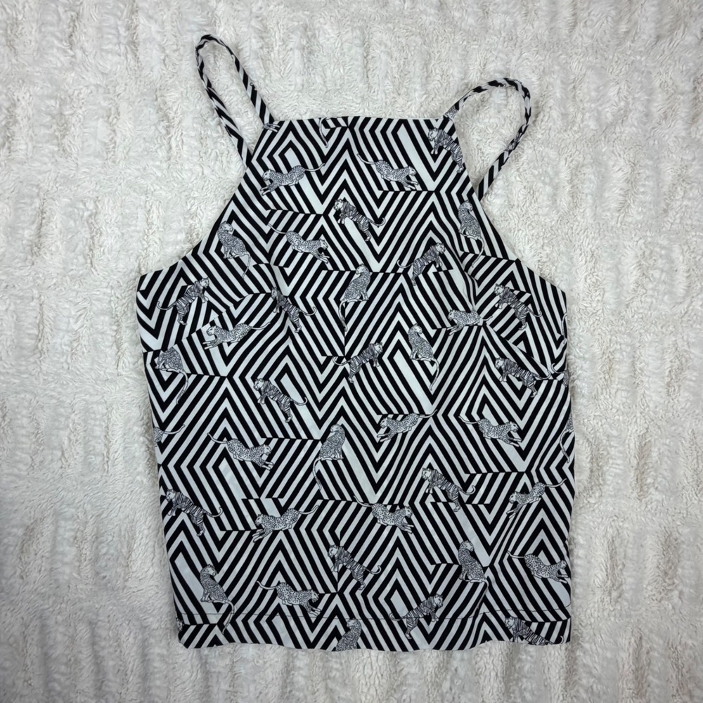 Topshop Black White Geometric Animal Print Cami Top High Neck Size US 4